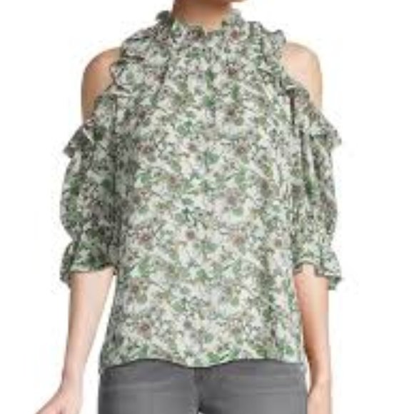 Max Studio Floral Georgette Open Cold-shoulder Green Ruffle Top sz S NWT - Picture 9 of 9